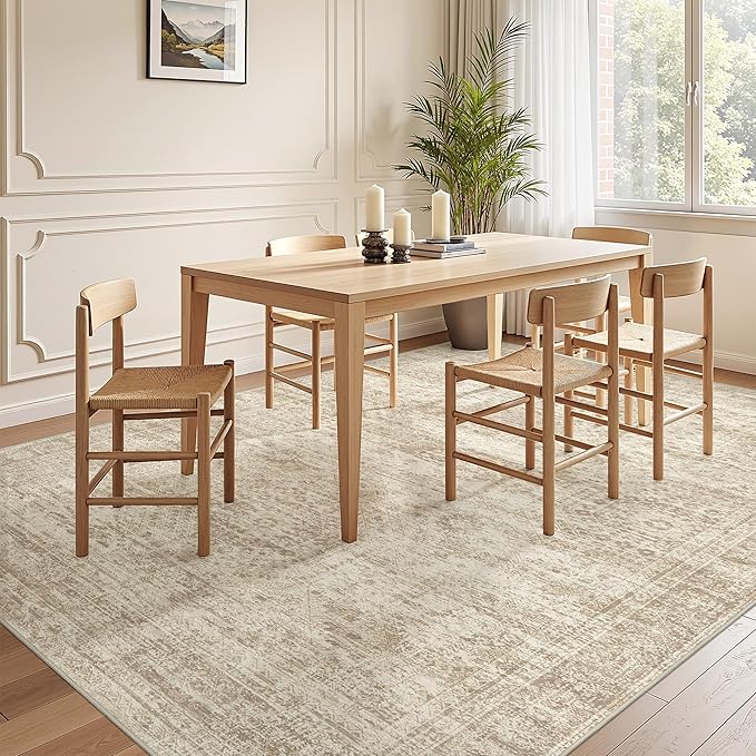 6x9 Rug for Living Room,Soft Low Pile Indoor Washable Rugs for Bedroom, Non-Slip Backing Vintage Large Area Rug, Printed Abstract Carpet(6'x9', Beige/Ivory)