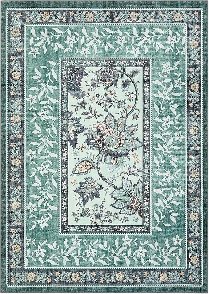 GarveeHome Teal Washable 6x9 Area Rugs, Botanical Grove Vintage Cottagecore Non-Slip Rug for Living Room Bedroom Nursery Kitchen Low-Pile Retro Large Carpet