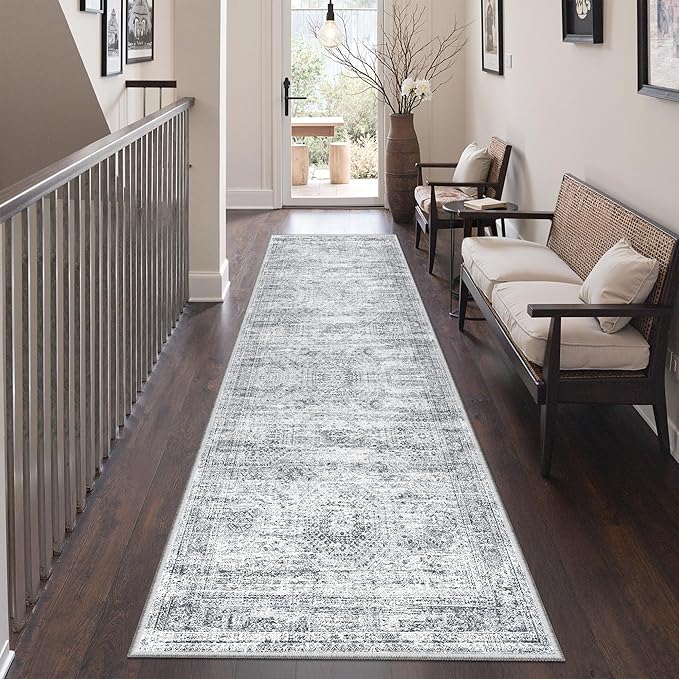 2x7 Runner Rug Non Slip, Thin Entryway Washable Rug for Entryway, Runners for Hallways, Low Pile Vintage Abstract Soft Rugs for Living Room, Kitchen, Bedroom(2'x7', Grey/Ivory)