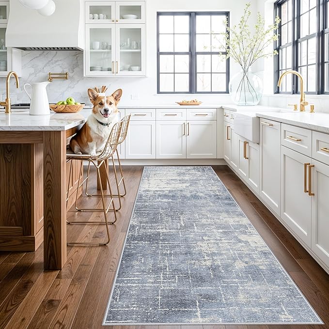 Abstract 3x10 Kitchen Rug Runners: Washable 10ft Hardwood Floor Mat Bathroom Living Room Bedroom Beside Mat Non-Slip Hallway Entry Area Rug Soft Indoor Farmhouse Carpet for Families(3x10,Blue/Ivory)