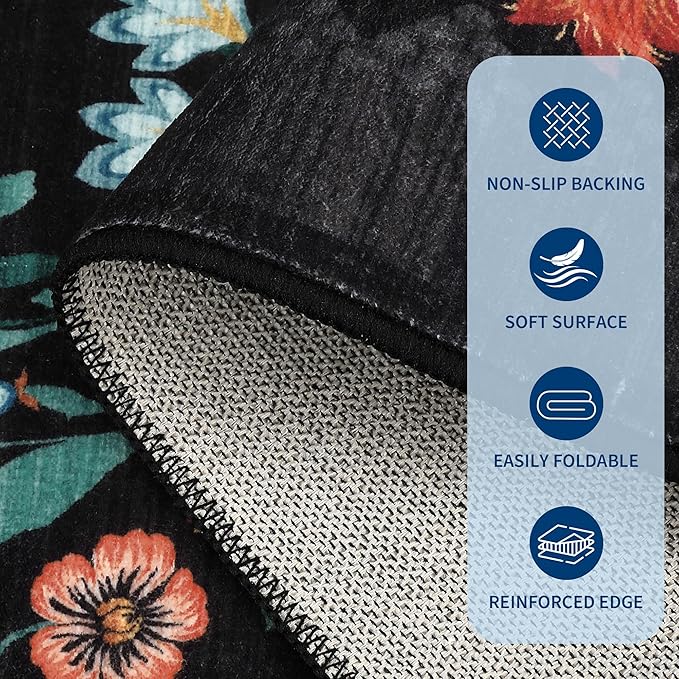 Floral Rug for Entryway 2x3 Rugs Machine Washable Boho Small Area Rug Non-Slip Low-Pile Front Door Soft Mat for Entrance, Bedroom, Kitchen, Laundry, Bathroom, Black