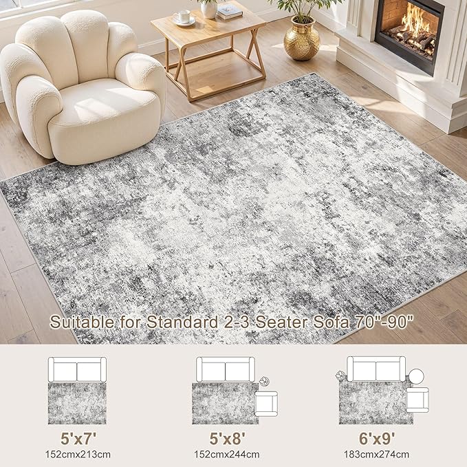 UERMEI 5x7 Area Rug Living Room Rugs - Washable Neutral Modern Abstract Soft Thin Large Rug Indoor Floor No Slip Rug Carpet for Bedroom Under Dining Table Home Office Decor - Grey
