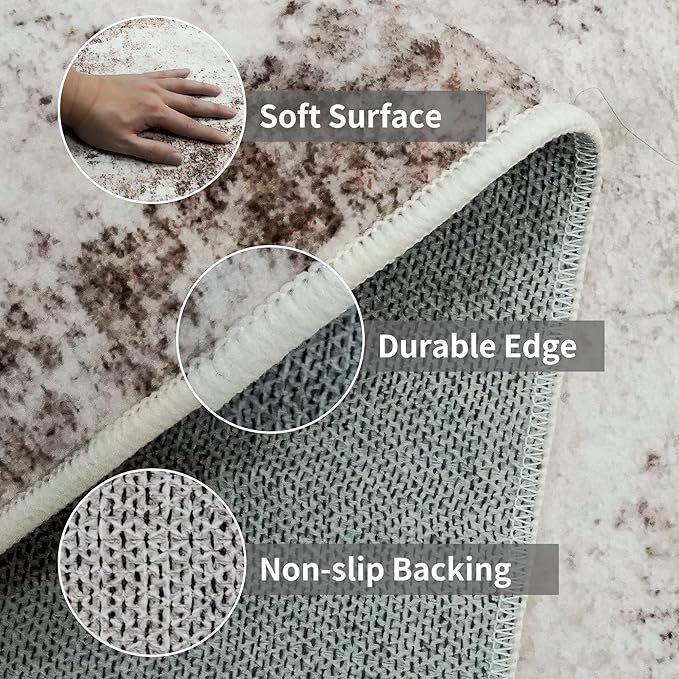 2x5 Washable Runner Rug for Hallway: Non Slip Entryway Runners Rugs Easy-to-Clean - Soft Living Room Bedroom Carpet - Thin Low Pile Floor Mat for Dining Room Beige Brown