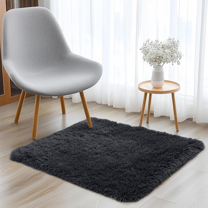 OLANLY 3x3 Machine Washable Small Bedside Rug, Soft Fluffy Shaggy Entryway Throw Rugs for Bedroom, Living Room, Indoor Floor Carpet for Kids Girls and Boys, Nursery Rooms, Home Decor Aesthetic, Black