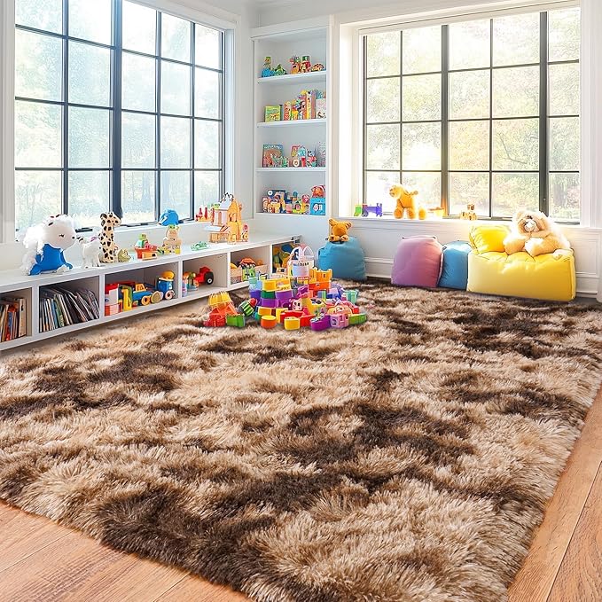 Pionblank 9x12 Area Rug, Large Area Rug for Living Room, Shag Rug for Bedroom Brown, Soft Furry Non Slip Carpet for Kids Room Nursery Teens Dorm Home Decor, Tie-Dyed Coffee
