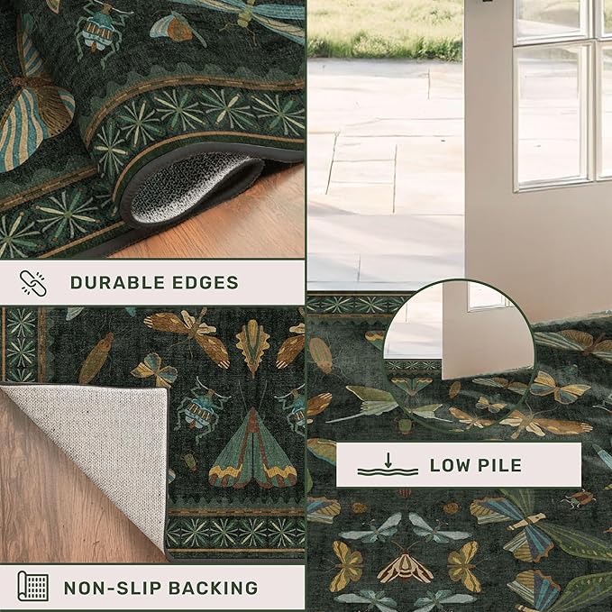 3x8 Dark Green Long Hallway Runner Rug - 8ft Washable Non Skid Wide Runner Rugs for Kitchen, Entrance, Boho Insect Indoor Décor, Low Pile & Soft Stain Resistant Carpet