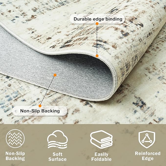6x9 Area Rugs for Living Room Washable Rug: Anti-Skid Abstract Modern Living Room Rug Soft Thin Carpets Indoor Floor Non-Shedding Carpet for Bedroom Dining Farmhouse Nursery Gray White Blue