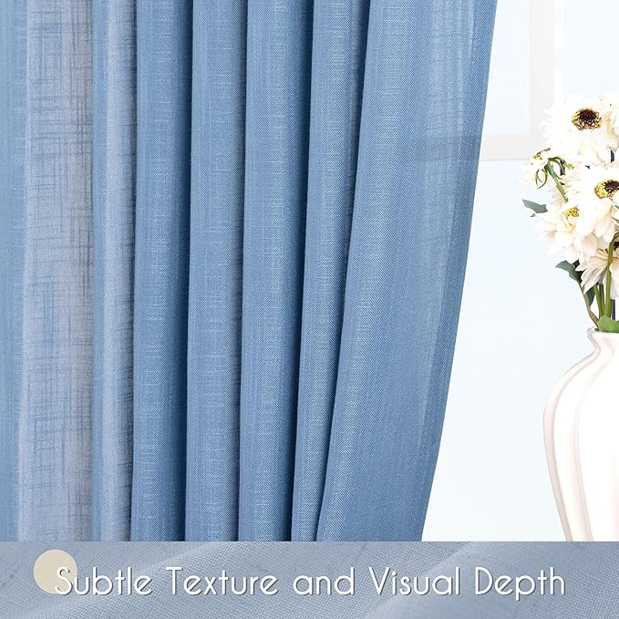 Denim Blue Curtains for Living Room Back Tab Modern Farmhouse Semi Sheer Blue Curtains 120 inches Long 2 Panels Set Muted Neutral Window Curtain for Dining Room Bedroom 52x120