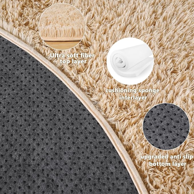 5'x5' Beige Round Rug for Bedroom, Ultra Soft Fluffy Circle Rug for Kids Girls Boys Room, Cute Shag Rugs for Living Room Playroom Tent Castle Home Decor Rug