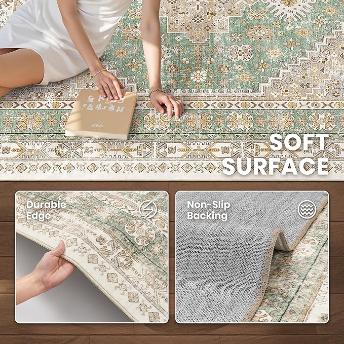 zesthome 6x9 Area Rug, Super Soft Washable Rugs for Living Room, Non-Slip Stain Resistant Vintage Rugs, Ultra-Thin Large Area Rugs (Green/Brown,6'x9')