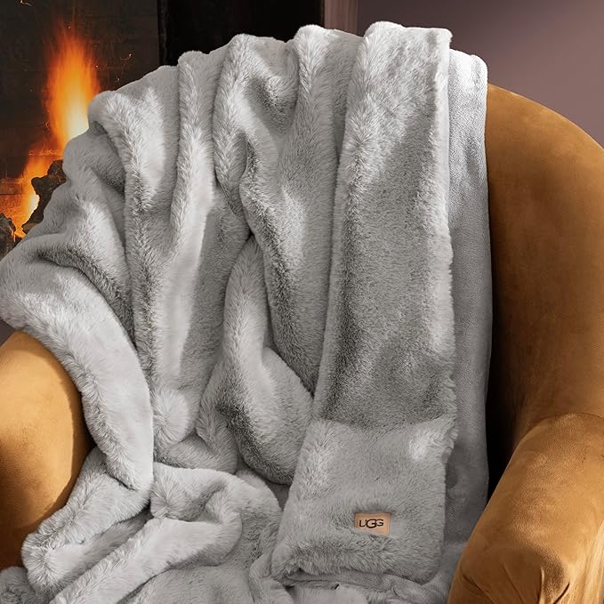 UGG Euphoria Faux Fur Throw Blanket, Oversized Warm Throw for Couch or Chair, Luxury Bedroom Decor, Cozy Soft Blankets, Machine Washable, 50-inch x 70-inch, Seal Grey