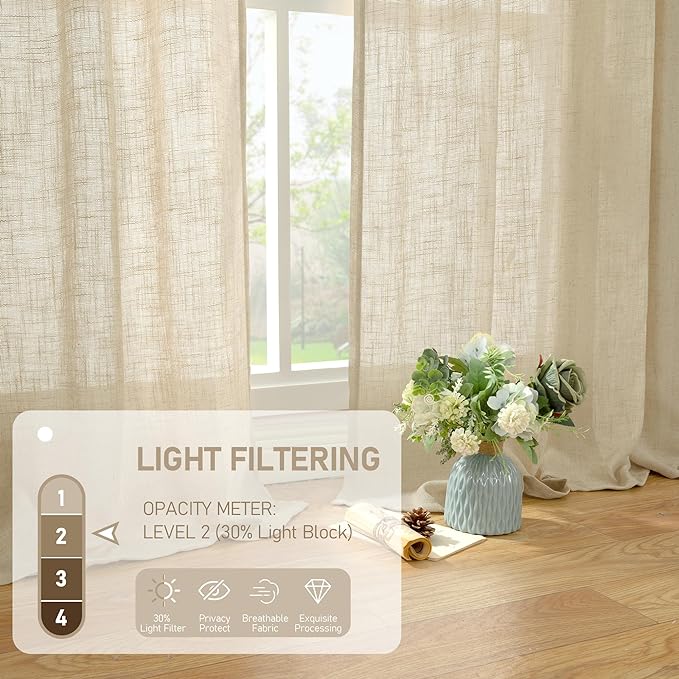 LAMIT Natural Sheer Linen Curtains for Bedroom, Faux Linen Textured Light Filtering Drapes Back Tab and Rod Pocket Boho Neutral Burlap Panels for Farmhouse/Living Room, 2 Panels, 52 x 72 Inch