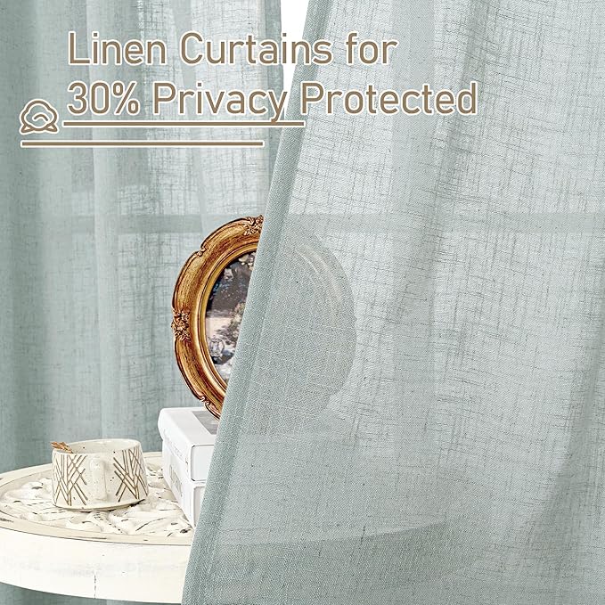 LAMIT Linen Curtains 60 Inch Length 2 Panels, Light Filtering Panels Back Tab and Rod Pocket Neutral Drapes for Bedroom/Window/Living Room, Greyish Blue, 34 x 60 Inch