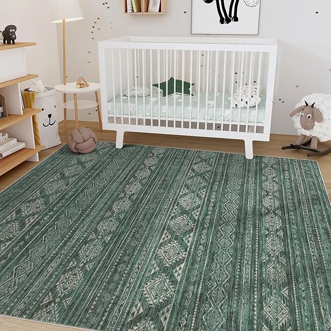 Nakagishi 8X10 Area Rugs Living Room: Washable Boho Large Neutral Modern Soft Farmhouse Green Rug Stain Resistant Indoor Floor Non-Slip Carpet for Women Home Enthusiasts Aged 25-45 - Bedroom Room