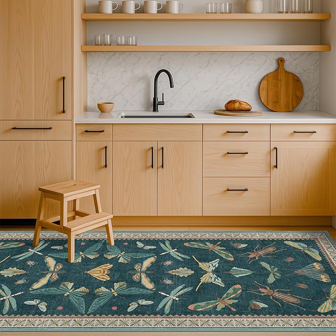 Hazo Haus Brown and Green Kitchen Sink Runner Rug 2x5 - Teal Boho Bathroom Rugs for Entrance Indoor, Insect Print Floral Vintage Unique, Washable Non Skid Stain Resistant