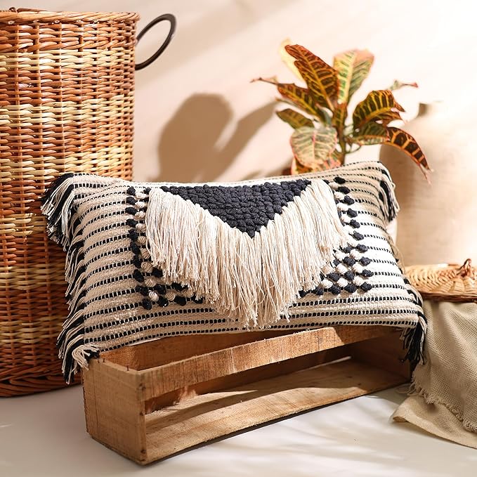 Decorative Boho-Chic Pillow Cover Handwoven Tufted Cotton Accent Pillows, Neutral Throw Cushion for Couch, Sofa or Bed, Farmhouse & Bohemian Home Decor, Trendy USA Design (Black Lumbar 12x20)