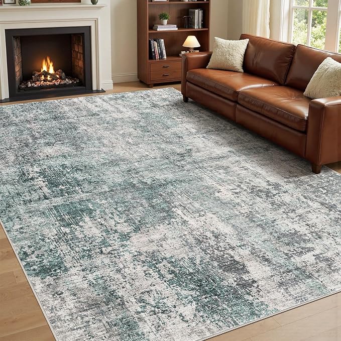 UERMEI 8x10 Area Rug Living Room Rugs - Washable Neutral Modern Abstract Soft Thin Large Rug Indoor Floor No Slip Rug Carpet for Bedroom Under Dining Table Home Office Decor - Green/Grey