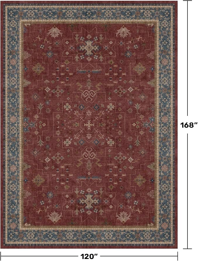 Hazo Haus Moroccan Big Rugs for Living Room - Dark Red 10x14 Area Rug for Large Bedroom, Dining Room, Washable Lightweight Low Pile Foldable Oriental Burgendy Home Décor