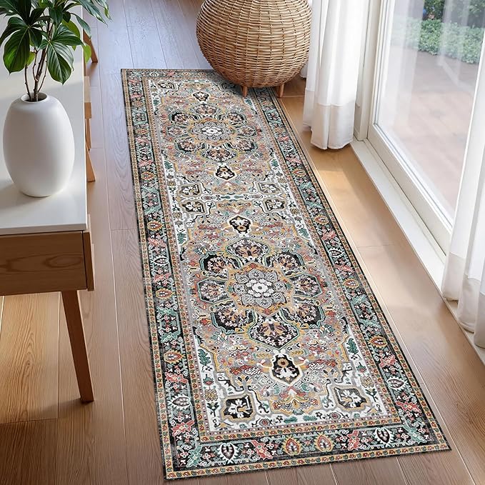 Washable Area Rug 2'6'' x 8' Vintage Traditional Persian Mat - Foldable Distressed Non-Slip Machine Washable Carpet for Living Room Bedroom Kitchen Home Decor - Slate and Multicolor
