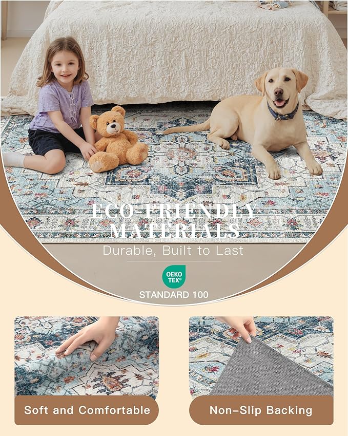 Madane Washable Runner Rug - 2x6 Rug Runners for Hallways 6 Feet Non Slip Vintage Kitchen Runner Rug Ultra-Thin Bathroom Runner Rugs Carpet Laundry Room Bedroom (2x6ft, Blue)