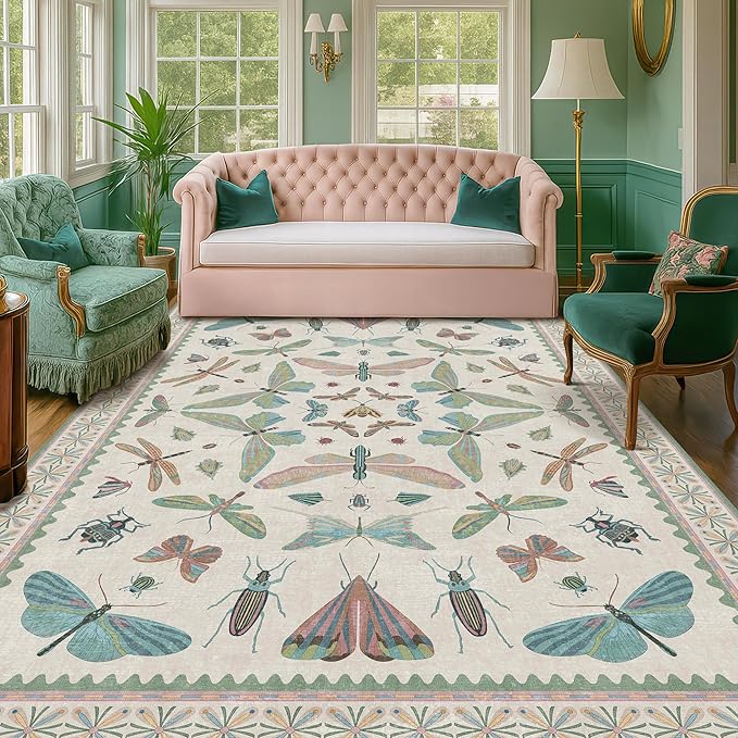 Hazo Haus Sage Green Rugs for Bedroom Under Bed - 6x9 Area Rug for Living Room, Dining Room, Kids Playroom, Fun Insect Cute Décor,Ultra Soft Non Slip Stain Resistant