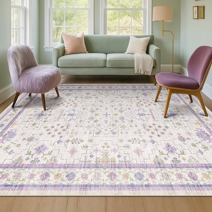 Hazo Haus 6x9 Lavender Rug for Bedroom, Kids Playroom, Non Slip Large Washable Living Room Area Rug, Low Pile Stain Resistant Foldable Boho Fairy Décor