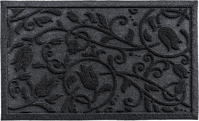 Boho Black Floral Leaves Outdoor Indoor Entrance Doormats, Absorbent Durable Heavy Duty Welcome Front Door Mat,Thick Natural Rubber Back,Easy Clean Entryway Mat 23x35 Inch, Low Profile