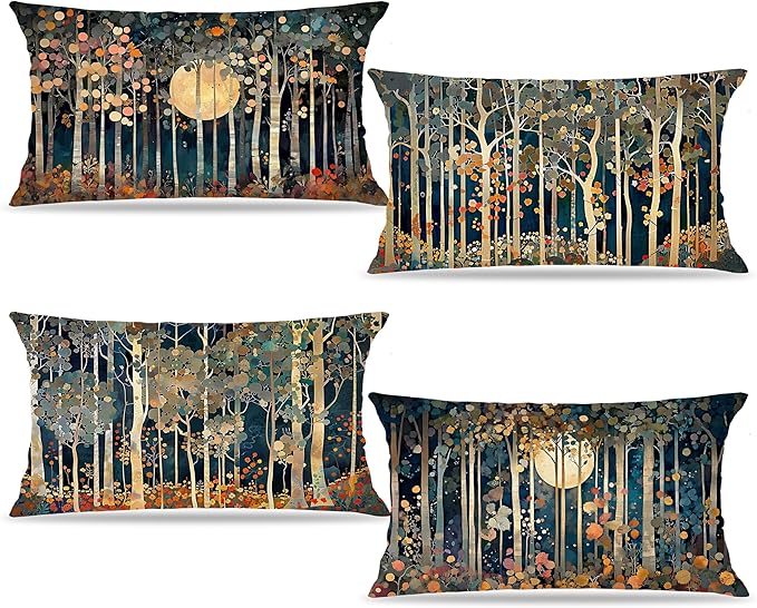 Rustic William Morris Inspired Forest Moon Decor Pillow Covers 12x20 Set of 4,Vintage Botanical Nature Landscape Decorative Throw Pillow Covers for Home Bedroom Living Room,Fall Home Room Decor