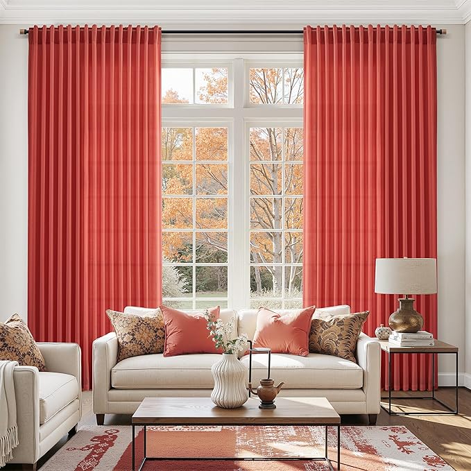 Christmas Red Linen Curtains 72 Inches Long for Living Room Light Filtering Semi Sheer Curtain Back Tab and Rod Pocket Vintage Rustic Luxury Home Decor Neutral Drapes for Bedroom 52x72, 2 Panels