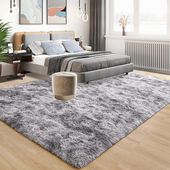Tepook Area Rugs 10x14 for Living Room, Super Soft Fluffy Rugs for Bedroom, Modern Shaggy Rug Fuzzy Carpets for Kids, Plush Indoor Nursery Home Decor Rug with Non-Slip Bottom, Tie-Dyed Light Grey