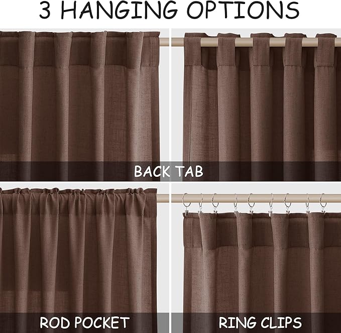 Nanspring Mocha Mousse Curtains 120 Inches Long 2 Panels Set Back Tab Linen Loop Pocket Light Filtering Semi Sheer Boho Style Curtain for High Ceiling Living Room Curtains 52x120