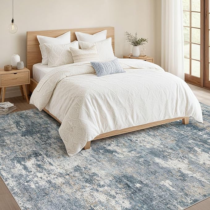 Nakagishi 8x10 Area Rugs Living Room: Washable Abstract Large Neutral Soft Rug Stain Resistant Modern Indoor Floor Non-Slip Carpet for Bedroom Nursery Kids Playroom Office Dining Room Dorm-Blue Brown