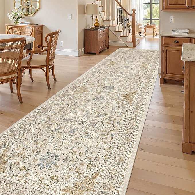 Madane 3x12 Hallway Runner Rug, Non Slip Washable 12ft Runner for Hallways Soft Vintage Kitchen Rugs Low-Pile Thin Floor Carpet Runner for Entryway Bathroom Bedroom, Beige/Blue
