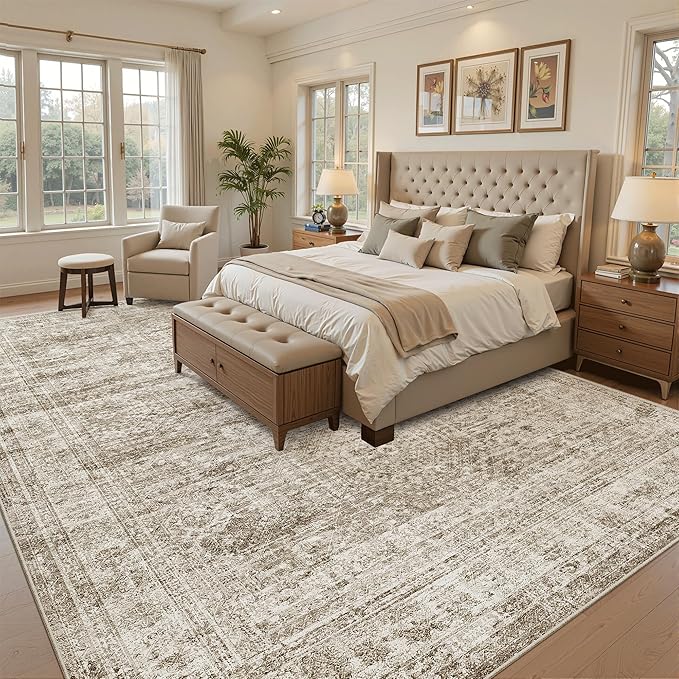 Soalmost Washable Area Rug 8x12, Large Soft Rugs for Living Room Vintage Brown Carpet 8x12 Area Rugs for Bedroom Dining Room Non-Slip Stain Resistant Under Table Rug