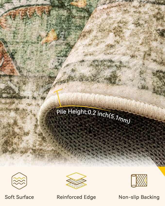 Area Rugs Square 6ft Washable Non-Slip, Floral Vintage Distress Print Pattern Medallion Carpet for Living Room Bedroom Dining Room, Brick Red Rust Neutral Brown Burnt Orange Green