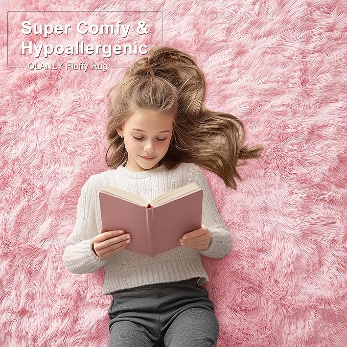 OLANLY 5x7 Machine Washable Large Area Rugs for Living Room, Bedroom, Soft Fluffy Shaggy Bedside Rug, Indoor Floor Carpet for Kids Girls and Boys, Dorms, Nursery, Home Decor Aesthetic, Pink
