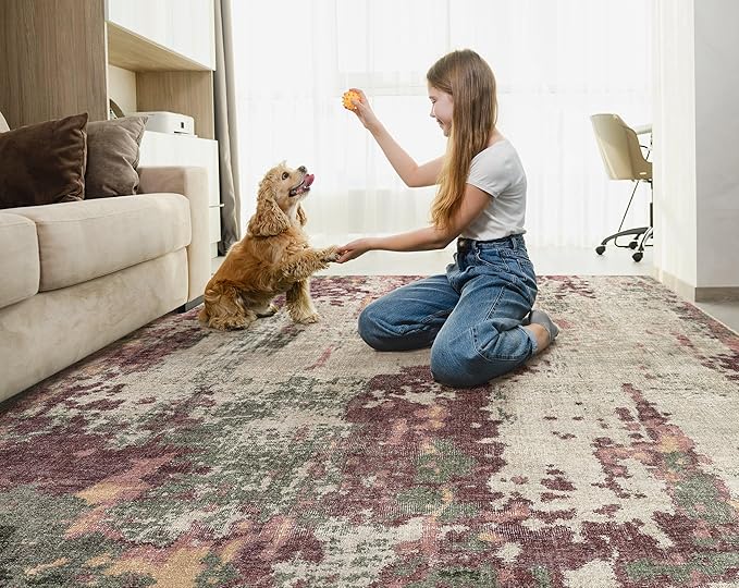 UERMEI 5x7 Area Rug Living Room Rugs - Washable Neutral Modern Abstract Soft Thin Rug Indoor Floor No Slip Rug Carpet for Bedroom Under Dining Table Home Office Decor - Purple/Green/Beige