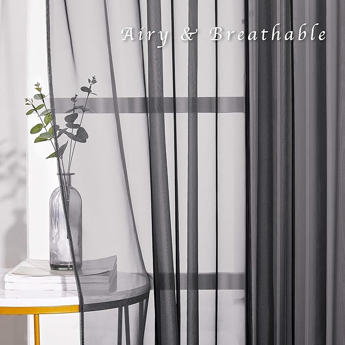 NICETOWN Sheer Curtains for Bedroom Windows, Grommet Casual Soft Voile Sheer Panels with Light Filter Window Treatments for Boy's Room/Bedroom, Black, Set of 2, W37 x L63