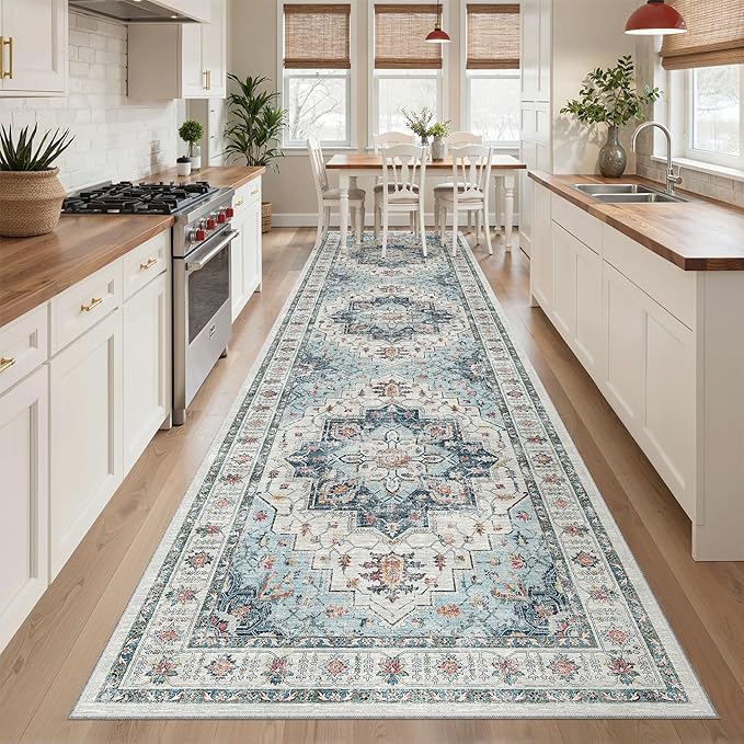 Madane 3x12 Hallway Runner Rug - Non Slip Washable 12ft Runner for Hallways Soft Vintage Kitchen Rugs Low-Pile Carpet Runner for Entryway Bathroom Thin Floor Mat for Bedroom Dining Room, Blue
