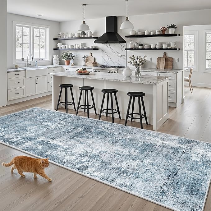 Runner Rug 3x8 Washable Non-Slip Hallway Runner Rugs for Kitchen Bathroom Laundry Room Blue/Grey Vintage Floor Carpet Runners for Hallways Entryway