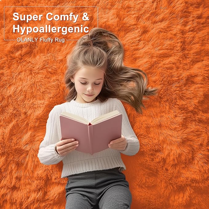 OLANLY 5x7 Machine Washable Large Area Rugs for Living Room, Bedroom, Soft Fluffy Shaggy Bedside Rug, Indoor Floor Carpet for Kids Girls and Boys, Dorms, Home Decor Aesthetic, Orange
