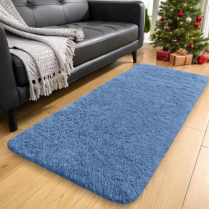 OLANLY 2x4 Machine Washable Runner Rugs for Hallway, Soft Fluffy Shaggy Bedside Rugs for Bedroom, Living Room, Indoor Floor Carpet for Kids Girls and Boys, Home Decor Aesthetic, Blue