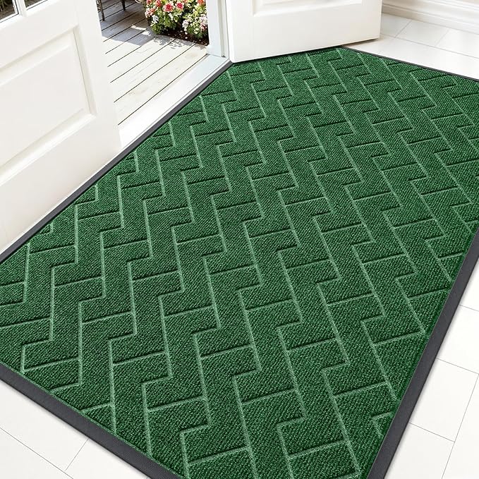 OLANLY Front Door Mat Indoor Outdoor Entrance, Waterproof All-Season, All-Weather Doormat, Sturdy Natural Rubber, Low Profile, Easy Clean Patio Porch Entryway Mat, Herringbone Brick (Green, 59x35)