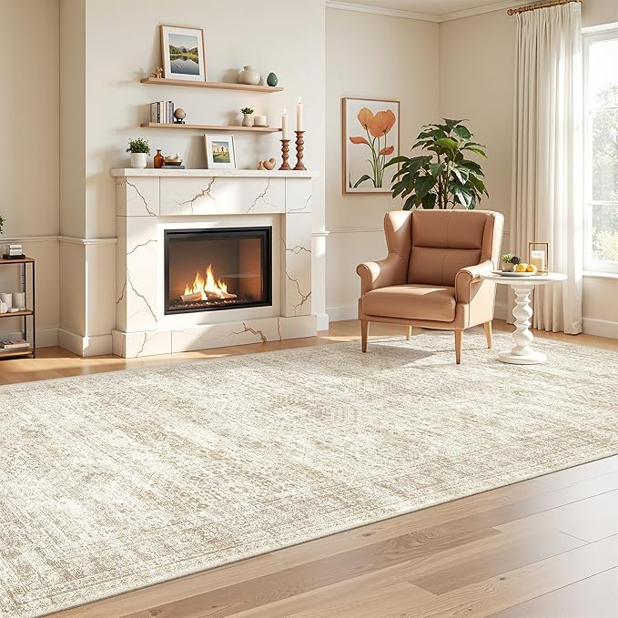 4x8 Rug for Bedroom,Wide Runner Rug for Hallway, Non Slip Washable Runner Rug for Living Room, Low Pile Soft Entryway Kitchen Rug, Modern Home Decor Mat for Dining Room(4'x8', Beige/Ivory)