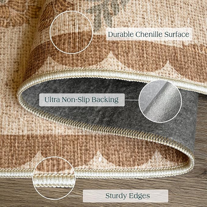 Floral Outdoor Rug - 28" x 43" Front Door Mat Indoor Outside Entrance Non-Slip Washable Outdoor Mat Jute-Look Tan Scalloped Rug for Entryway Kitchen Mudroom Layered Doormat for Front Porch