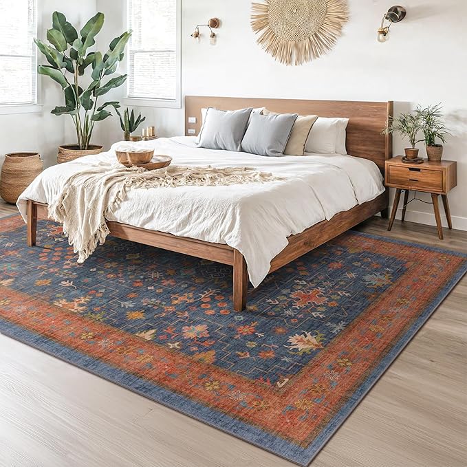 Boho Navy Blue 10x14 Area Rug for Living Room, Extra Large Dining Room Rugs for Under Table, Soft Low Pile Carpet for Bedroom - Vintage Floral Rug, Non-Slip & Stain Resistance (10x14 Navy Blue)
