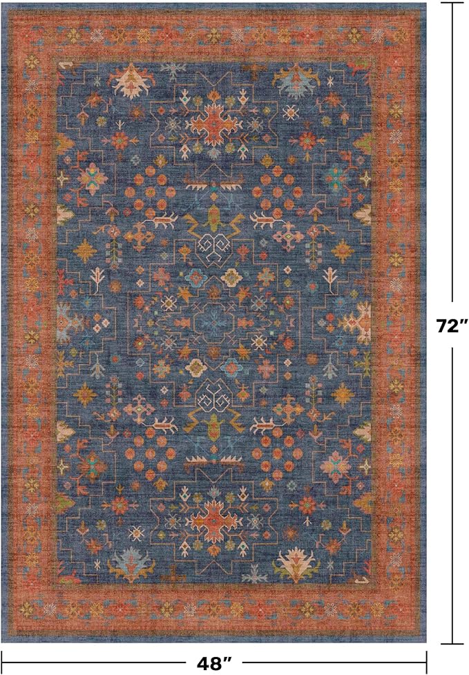 Washable 4x6 Small Rug for Living Room, Area Rug for Kitchen, Bedside, Large Entryway Indoor - Stain Resistant Non Skid Non Slip with Rubber Backing, Boho Aethestic Décor (4x6 Navy Blue)