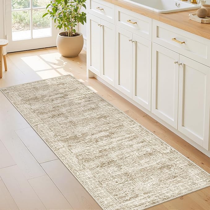 Washable Runner Rugs for Bedroom - 2x6 Runner Rug Non Slip, Ultra-Thin Entryway Runner, Soft Abstract Kitchen Runner for Hallway, Laundry, Bathroom, Indoor Door Mat(2'x6', Brown/Ivory)