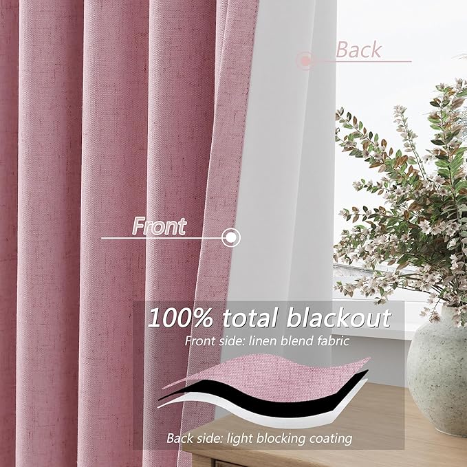 Guken 100% Blackout Curtains 120 Inch Length 2 Panels Set for Living Room Bedroom Back Tab Thermal Insulated Black Out Linen Drapes Room Darkening Rose,52x120