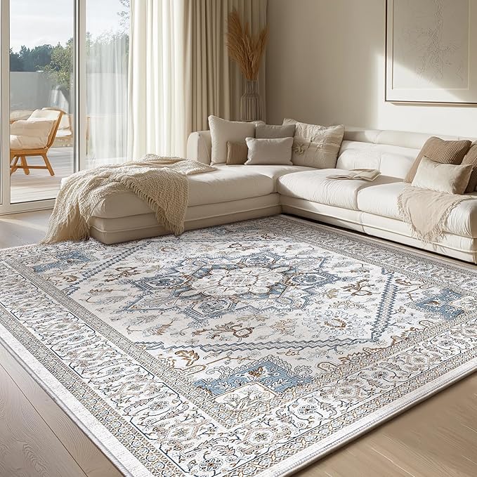 OPPODREAM Soft 6x9 Area Rugs, Neutral Washable Rug 6x9 with Non Slip Backing, Faux Cashmere Low-Pile 6 x 9 Carpet, Cream White & Blue & Light Brown
